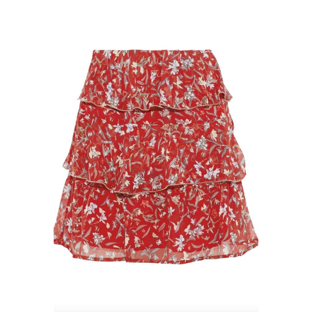 IRO Brooks Tiered Ruffled Skirt Sz 34 XS Red Floral - Picture 1 of 8